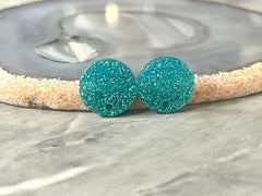 14mm Aqua GLITTER post earring blanks drop blue, stud jewelry dangle DIY earrings making round resin, confetti circle rainbow blanks teal