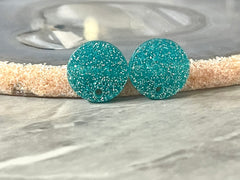 14mm Aqua GLITTER post earring blanks drop blue, stud jewelry dangle DIY earrings making round resin, confetti circle rainbow blanks teal