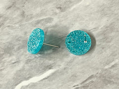 14mm Aqua GLITTER post earring blanks drop blue, stud jewelry dangle DIY earrings making round resin, confetti circle rainbow blanks teal