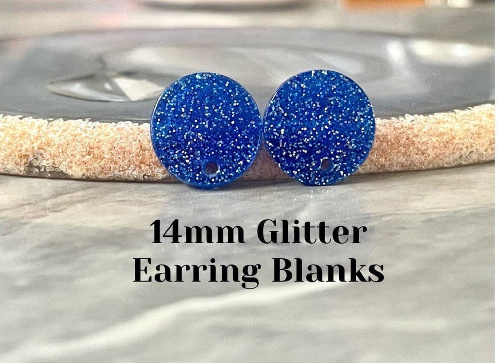 14mm Royal GLITTER post earring blanks drop blue, stud jewelry dangle DIY earrings making round resin, confetti circle rainbow blanks teal