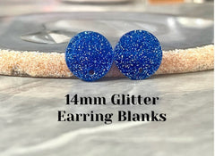 14mm Royal GLITTER post earring blanks drop blue, stud jewelry dangle DIY earrings making round resin, confetti circle rainbow blanks teal