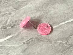 14mm Pink GLITTER post earring blanks drop earring, stud jewelry dangle DIY earrings making round resin, confetti circle rainbow blanks