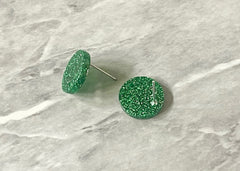 14mm Green GLITTER post earring blanks drop earring, stud jewelry dangle DIY earrings making round resin, confetti circle rainbow blanks