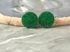 14mm Green GLITTER post earring blanks drop earring, stud jewelry dangle DIY earrings making round resin, confetti circle rainbow blanks