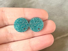 14mm Aqua GLITTER post earring blanks drop blue, stud jewelry dangle DIY earrings making round resin, confetti circle rainbow blanks teal