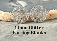 14mm Silver GLITTER post earring blanks drop stud jewelry dangle DIY earrings making round resin, confetti circle rainbow blanks gray blank