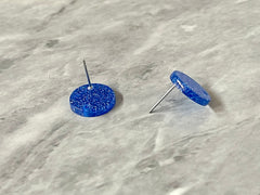 14mm Royal GLITTER post earring blanks drop blue, stud jewelry dangle DIY earrings making round resin, confetti circle rainbow blanks teal