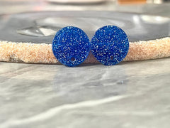 14mm Royal GLITTER post earring blanks drop blue, stud jewelry dangle DIY earrings making round resin, confetti circle rainbow blanks teal