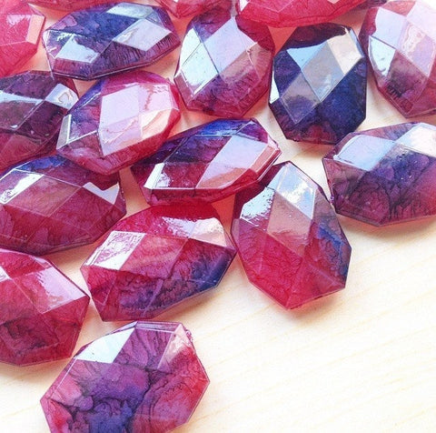 Red & Blue Watercolor Large Beads - Purple Swirl - Faceted Nugget Bead - FLAT RATE SHIPPING 34mmx24mm