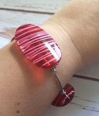 XL red Painted 45mm beads, red beads pink stripes, oval beads, large red beads, striped beads, acrylic red beads, red bracelet, red bangle