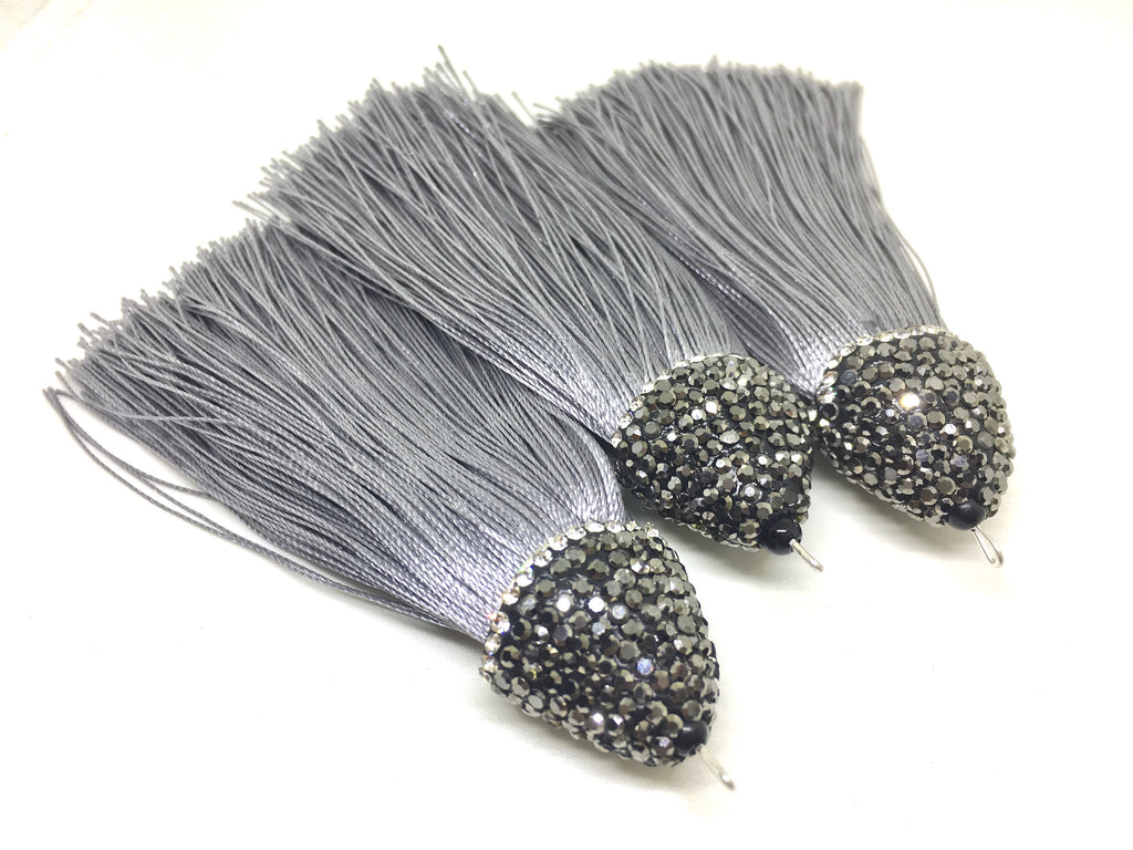 Gray Tassels, tassel earrings, Bejeweled Tassels, 3.25 Inch 85mm Tassel, gray jewelry, tassel necklace, gray necklace, silk tassel
