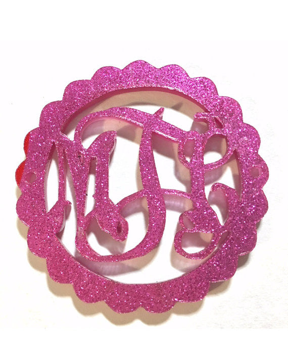 Pink Glitter - 1.5 Inch Monogram - 2 Hole Acrylic Script Plaques - Wire Bangle Bracelet - Personalized Bracelet Necklace Jewelry