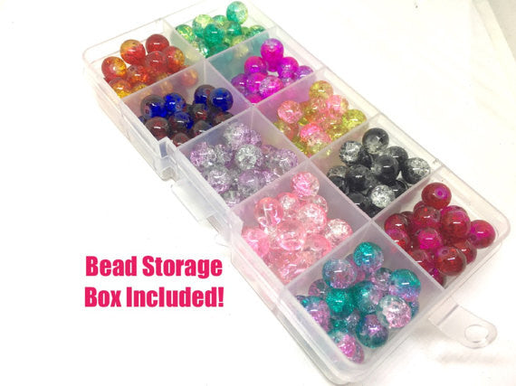 Bead Kit, 10 color crackle bead set, 8mm crackle beads, bead organizer, bead box, bangle beads, jewelry making, rainbow beads