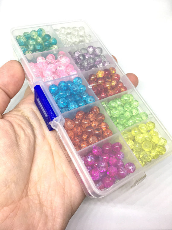Bead Kit, 10 color crackle bead set, 6mm crackle beads, bead organizer,  bead box, bangle beads, jewelry making, rainbow beads