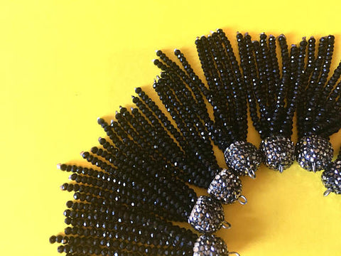 Beaded Tassels, black tassels, rhinestone dipped black bead tassels, tassel necklace, tassel earrings, black tassel, beaded jewelry