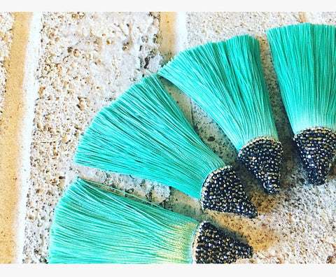 Mint Green Tassels, tassel earrings, Bejeweled Tassels, 3.25 Inch 85mm Tassel, mint jewelry, tassel necklace, green jewelry, silk tassel