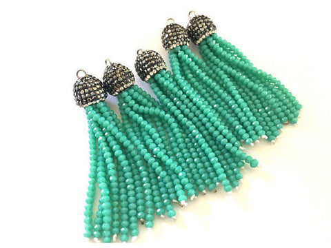 Mint Green Beaded Tassels, green tassels, rhinestone dipped black bead tassels, tassel necklace, tassel earrings, green tassel, beaded jewelry