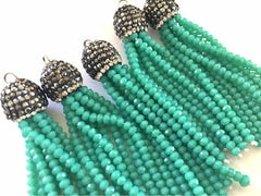 Mint Green Beaded Tassels, green tassels, rhinestone dipped black bead tassels, tassel necklace, tassel earrings, green tassel, beaded jewelry