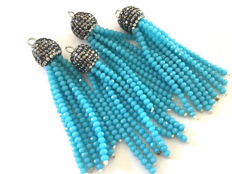 Caribbean Blue Beaded Tassels, blue tassels, rhinestone dipped blue bead tassels, tassel necklace, tassel earrings, blue tassel beaded jewelry