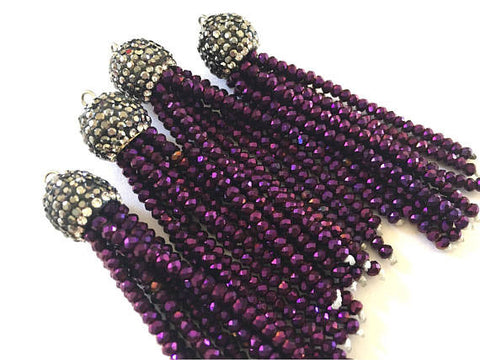 Purple Beaded Tassels, dark purple tassels, rhinestone dipped blue bead tassels, tassel necklace, tassel earrings, purple tassel beaded bead