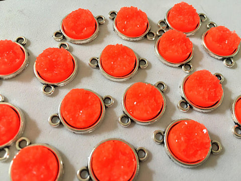 Neon Orange Druzy Beads with 2 Holes, Faux Druzy Connector Beads, orange druzy, druzy bracelet, druzy bangle, orange bracelet, silver