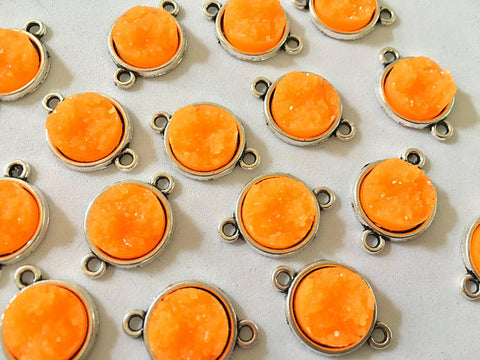 Clementine Orange Druzy Beads with 2 Holes, Faux Druzy Connector Beads, orange druzy, druzy bracelet, druzy bangle, orange bracelet, silver