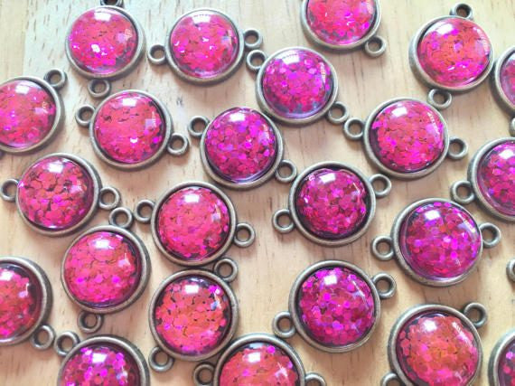 Hot Pink Glitter Druzy Beads with 2 Holes, Glitter Connector Beads, gold druzy, druzy bracelet, bangle beads, pink druzy, gold pink beads