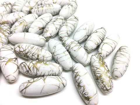 White & Gold 33mm Tube Beads, white tube beads, white gold jewelry, painted beads, long skinny tube beads, white and gold necklace, paint