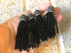 Beaded Tassels, black tassels, rhinestone dipped black bead tassels, tassel necklace, tassel earrings, black tassel, beaded jewelry