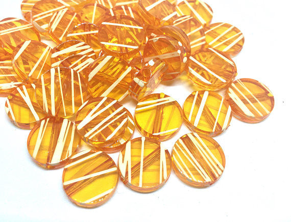 Orange striped white circular beads, round beads, orange beads, acrylic beads, 16mm circle, painted beads, striped beads, orange jewelry