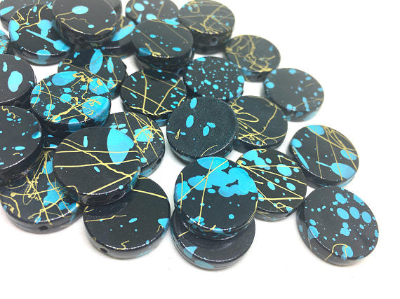 Gold blue Black Beads, painted Beads, 20mm Beads, circular acrylic beads, bracelet necklace earrings, jewelry making, bangle beads, black