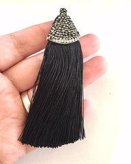 Black Tassels, tassel earrings, Bejeweled Tassels, 3.25 Inch 85mm Tassel, black jewelry, tassel necklace, black necklace, silk tassel, black