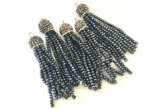 Midnight Beaded Tassels, navy tassels, rhinestone dipped black bead tassels, tassel necklace, tassel earrings, blue tassel, beaded jewelry