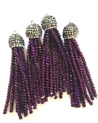 Purple Beaded Tassels, dark purple tassels, rhinestone dipped blue bead tassels, tassel necklace, tassel earrings, purple tassel beaded bead