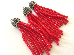 Red Beaded Tassels, red tassels, rhinestone dipped red bead tassels, tassel necklace, tassel earrings, glitter tassel beads, red beads