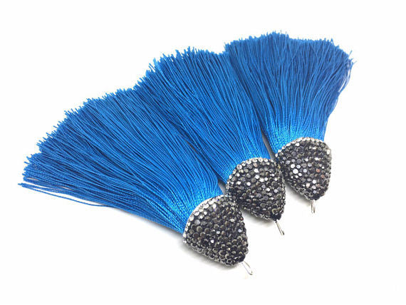 Ocean Blue Tassels, tassel earrings, Bejeweled Tassels, 3.25 Inch 85mm Tassel, blue jewelry, tassel necklace, blue necklace, blue silk tasse