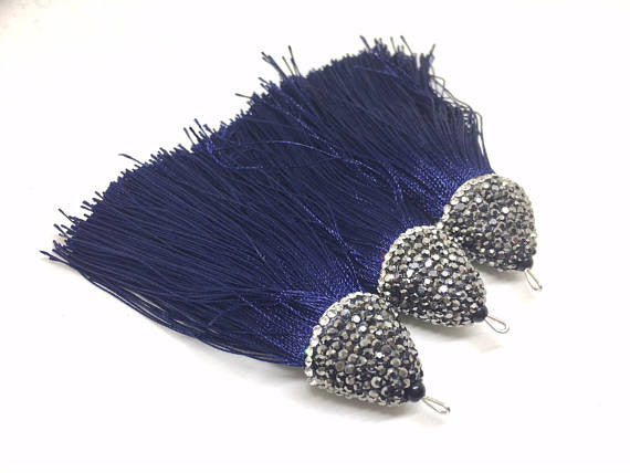 Navy Blue Tassels, tassel earrings, Bejeweled Tassels, 3.25 Inch 85mm Tassel, blue jewelry, tassel necklace, blue necklace, blue silk tassel
