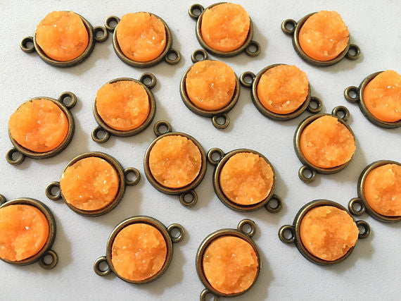 Clementine Orange Druzy Beads with 2 Holes, Faux Druzy Connector Beads, orange druzy, druzy bracelet, druzy bangle, orange bracelet, gold