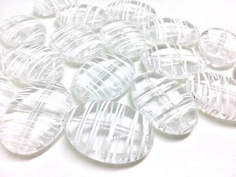 Clear Puffed Oval 33mm beads, clear white beads, striped beads, translucent beads, craft supplies, wire bangle, jewelry making, clear necklace