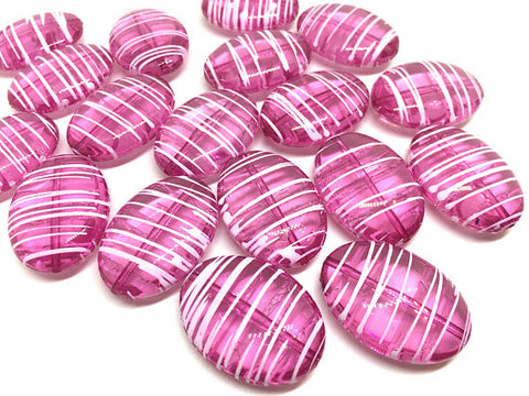 Dark Pink Puffed Oval 33mm beads, pink white beads, striped beads, translucent beads, craft supplies, wire bangle, jewelry making, dark pink