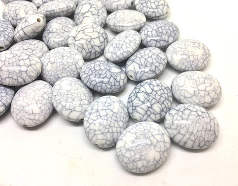 White Oval Gray Dinosaur Egg Beads, 24mm Beads, big acrylic beads, bracelet, necklace, acrylic bangle beads, gray and white beads, crackle