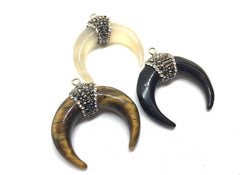 Crescent Shape Pendant, Gold Horn Pendant, Rhinestone pendant, pendant necklace, long necklace, tigers eye black bone, horn pendant necklace
