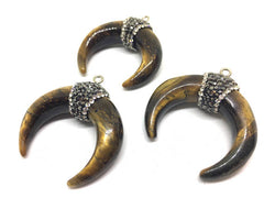 Tigers Eye Crescent Shape Pendant, agate silver Horn Pendant, Rhinestone pendant necklace, long necklace, brown necklace, horn pendant jewel