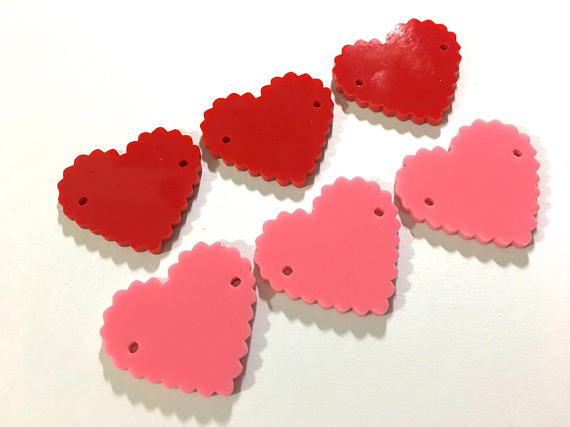 Red & Pink 2 Hole Acrylic Scalloped Heart - BLANK - 1.25" Across - 2 Holes for Bangle or necklace Making, Jewelry Making Valentine's day