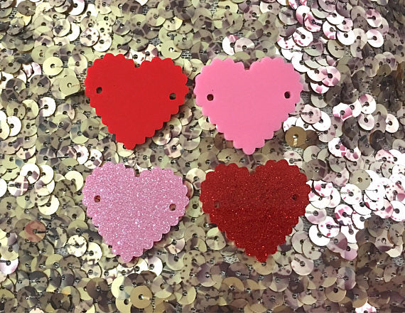 Pink & Red GLITTER 2 Hole Acrylic Scalloped Heart - BLANK 1.25" Across, 2 Holes for Bangle necklace Making, Jewelry Making Valentine's day