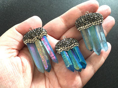 Natural Quartz Blue Pave Crystal Pendant, blue quartz pendant, chunky necklace pendant, rhinestone quartz blue jewelry, quartz necklace
