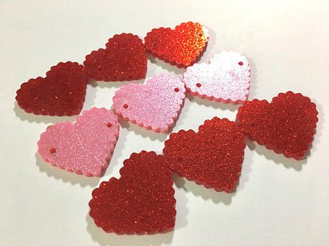 Pink & Red GLITTER 2 Hole Acrylic Scalloped Heart - BLANK 1.25" Across, 2 Holes for Bangle necklace Making, Jewelry Making Valentine's day