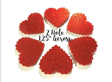 Red GLITTER 2 Hole Acrylic Scalloped Heart - BLANK 1.25" Across, 2 Holes for Bangle necklace Making, Jewelry Making Valentine's Day