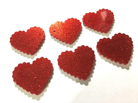 Red GLITTER 2 Hole Acrylic Scalloped Heart - BLANK 1.25" Across, 2 Holes for Bangle necklace Making, Jewelry Making Valentine's Day