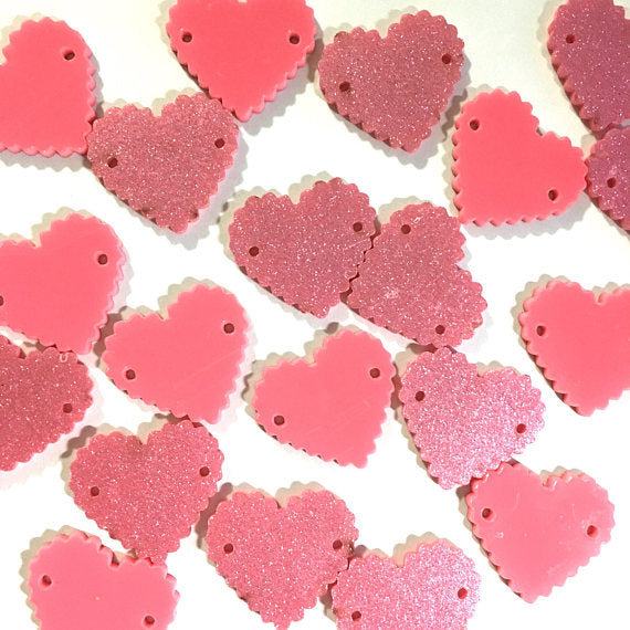Pink Solid & GLITTER 2 Hole Acrylic Scalloped Heart - BLANK 1.25" Across, 2 Holes Bangle necklace Making, Jewelry Making Valentine's Day